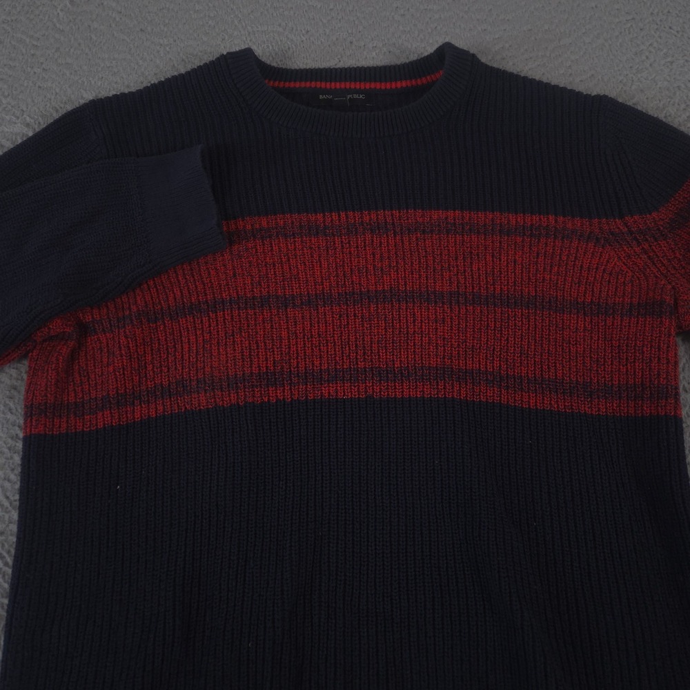 Banana Republic Sweater Mens Large Navy Blue Red Striped Soft Crew-Neck Cotton